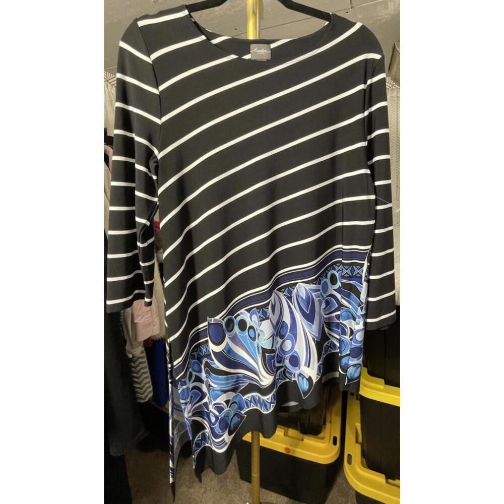 Travelers By Chicos Diagonal Stripe 3/4 Sleeve Asymmetrical Tunic, Sz 1 Med